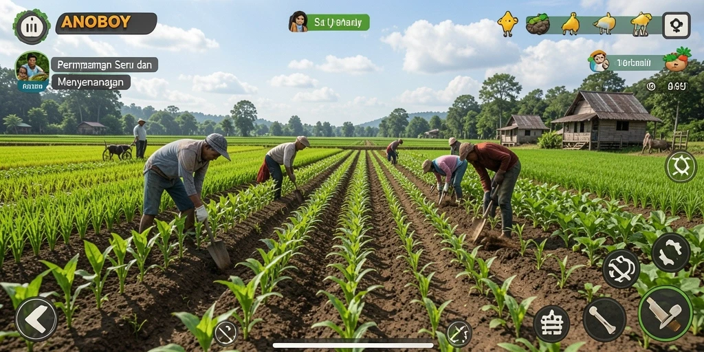 Gameplay ANOBOY yang menampilkan aktivitas bertani yang seru.
