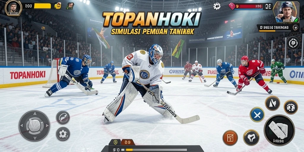 Tangkapan layar gameplay TOPANHOKI menunjukkan aksi seru di arena hoki.